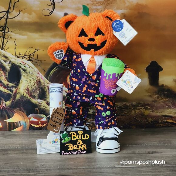 Build A Bear Pumpkin Glow Plush Halloween Jack O'Lantern 2023 Dress Suit Clothes - Picture 15 of 15